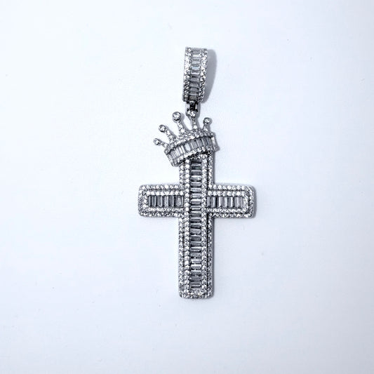 Real 925 Sterling Silver CZ Crown Cross Pendant