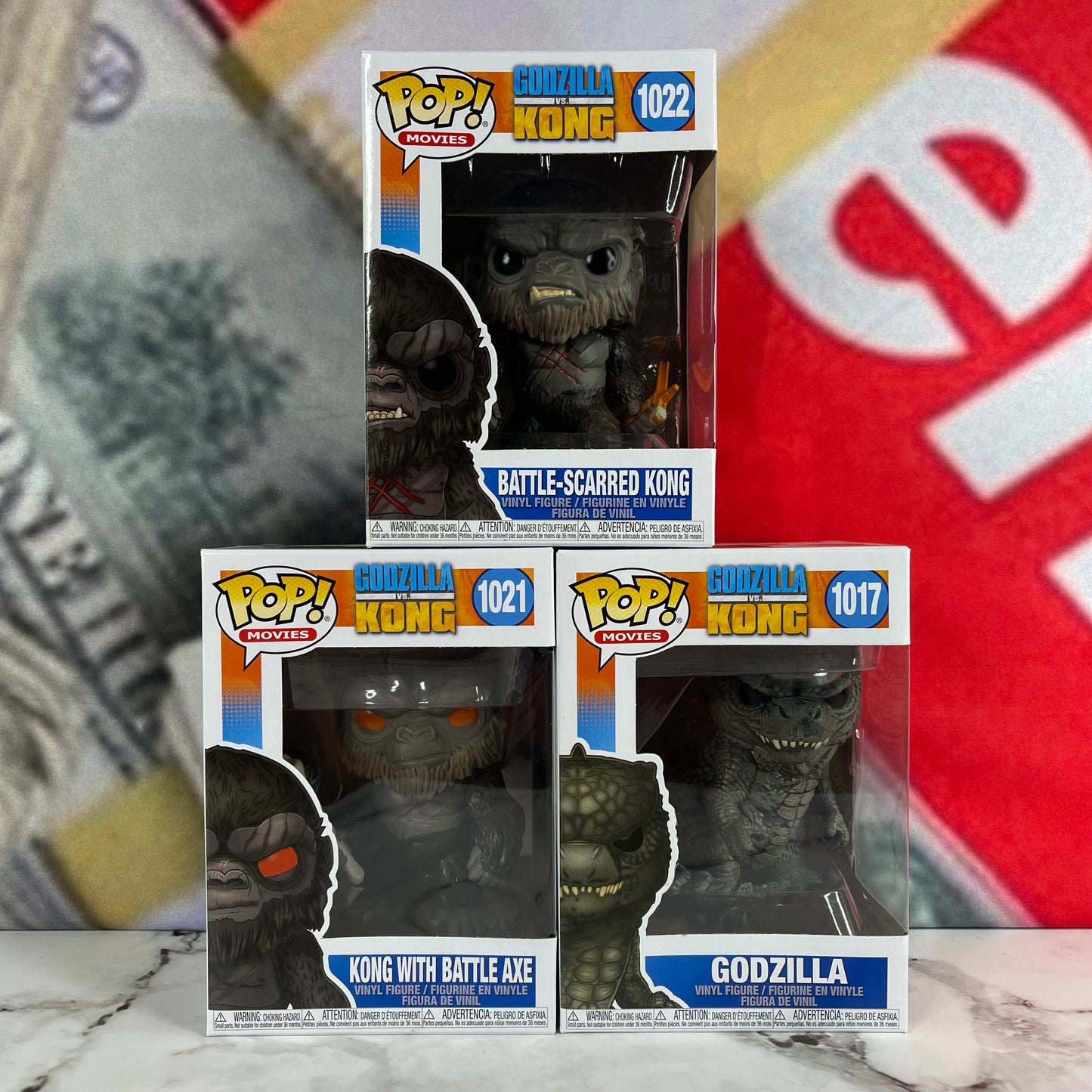 Funko Pop! Godzilla VS. Kong Godzilla, Kong w/ Battle Axe, Battle Scarred Kong Bundle #1022 #1021 #1017